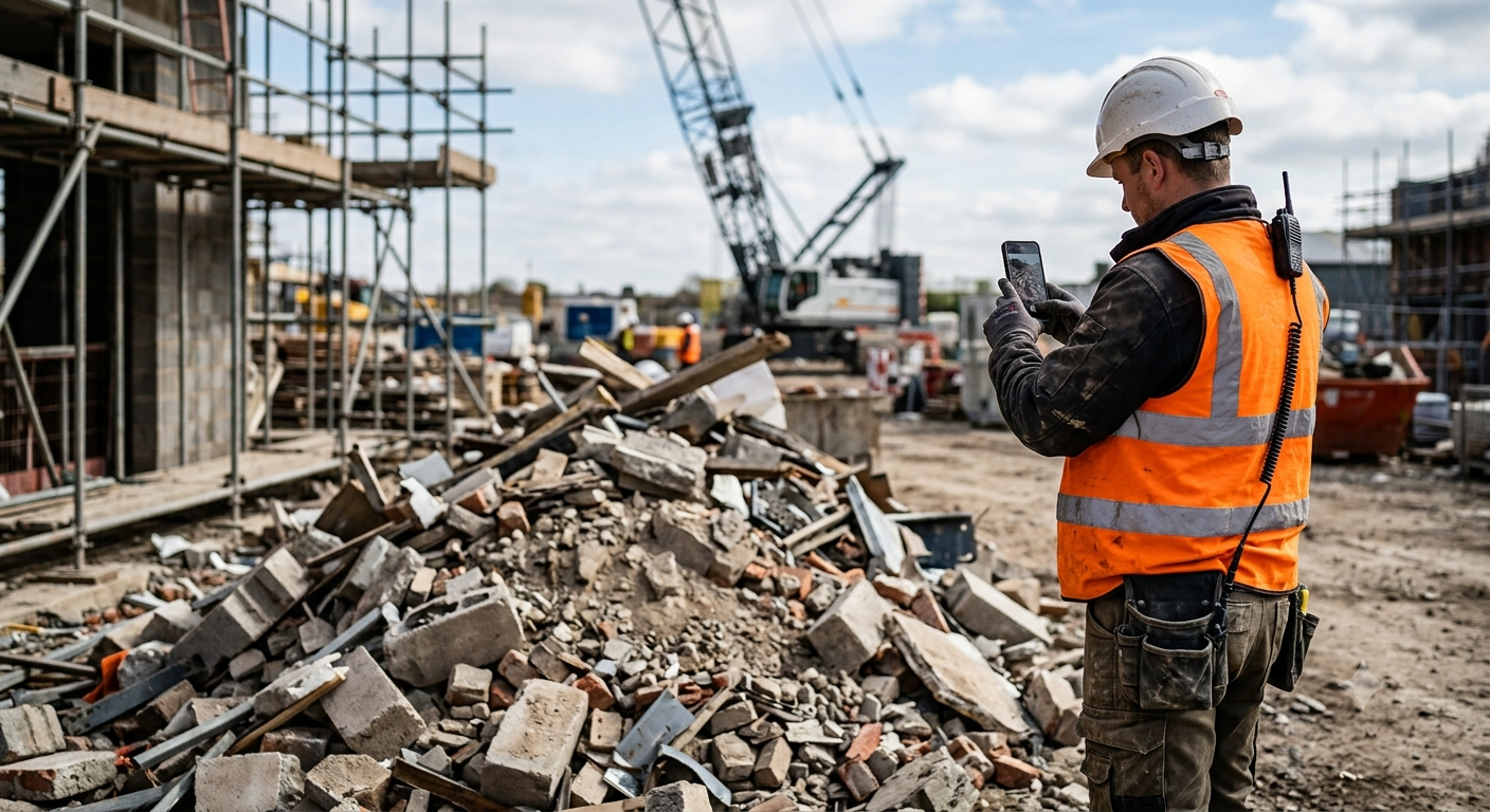 Artisan photographiant des déchets de chantier